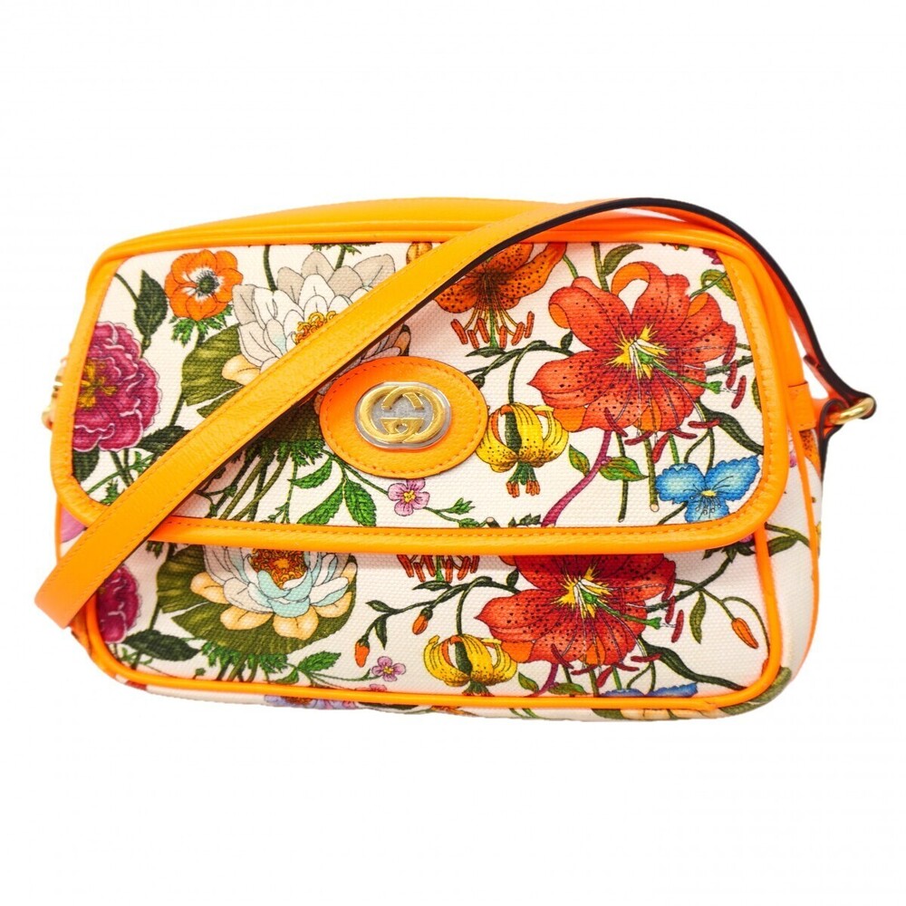 Gucci Shoulder Bag Flora Flower Canvas Orange Multicolor Gold Hardware